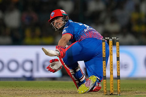 Delhi Capitals' Ashutosh Sharma hits a six during the Indian Premier League cricket match between Chennai Super Kings and Delhi Capitals in New Delhi, India.
