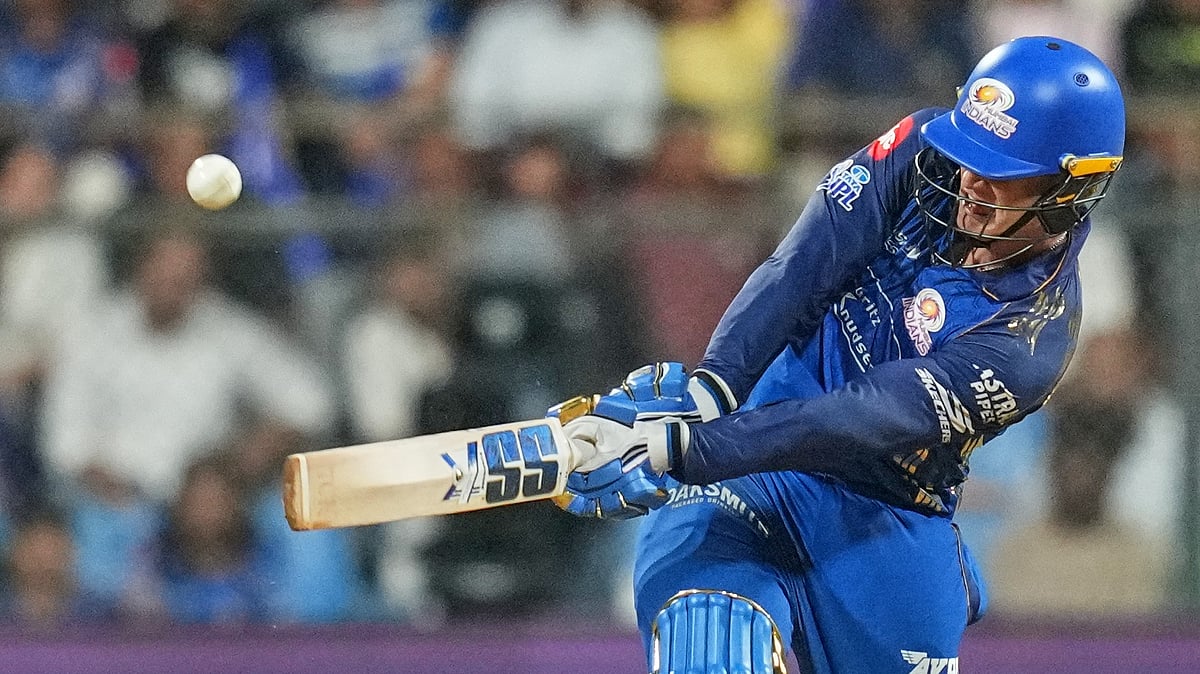 Mumbai Indians' Ryan Rickelton hits a six during the Indian Premier League cricket match between Mumbai Indians and Lucknow Super Giants in Mumbai, India, Monday, May 4, 2026. - (AP Photo/Rafiq Maqbool)