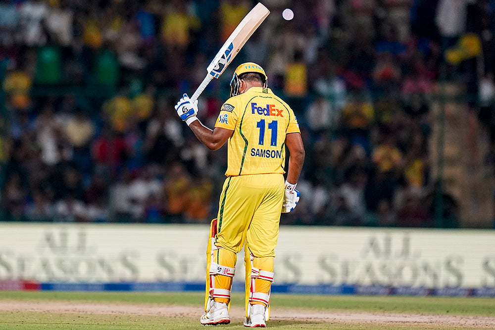 Chennai Super Kings Sanju Samson celebrates his half century