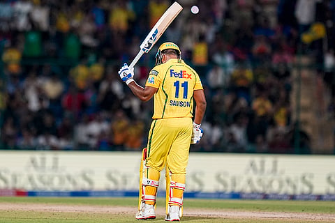 Chennai Super Kings' Sanju Samson celebrates his half century during the Indian Premier League (IPL) 2026 T20 cricket match between Delhi Capitals and Chennai Super Kings, in New Delhi.