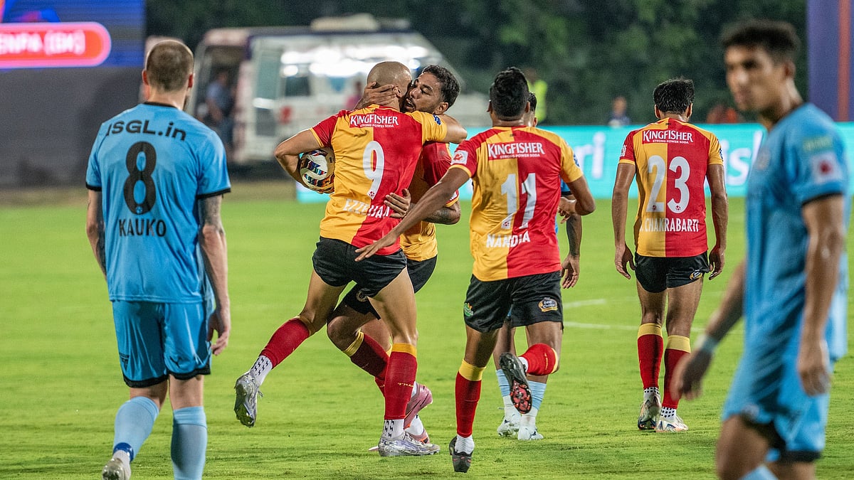 AIFF Media : East Bengal players celebrate Youssef Ezzejjari's goal against Mumbai City FC in Indian Super League.