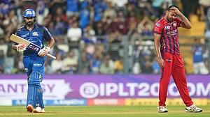 | Photo: AP/Rafiq Maqbool : Lucknow Super Giants' Avesh Khan reacts after Mumbai Indians' Rohit Sharma hits a boundary during the Indian Premier League cricket match between Mumbai Indians and Lucknow Super Giants in Mumbai, India, Monday, May 4, 2026.