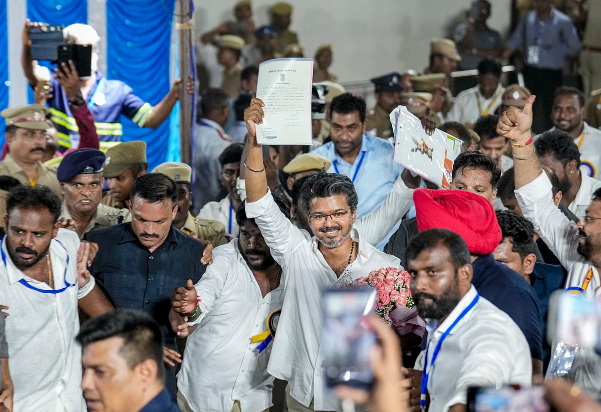 Chennai: Tamilaga Vettri Kazhagam (TVK) chief and candidate from the Perambur constituency, Vijay, celebrates after winning in the Tamil Nadu Assembly elections results, in Chennai, Monday, May 4, 2026. 
 - Source: PTI