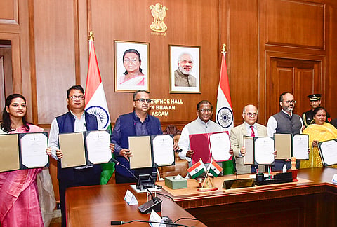 Assam Governor Lakshman Acharya, Chief Electoral Officer Anurag Goel and other officials display the list of successful candidates of the Assam Legislative Assembly elections 2026 at Lok Bhavan, in Guwahati.
