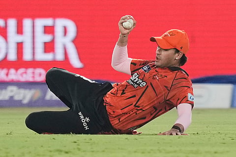 Sunrisers Hyderabad's Abhishek Sharma takes the catch to get Punjab Kings' Suryansh Shedge during the Indian Premier League cricket match between Sunrisers Hyderabad and Punjab Kings in Hyderabad, India.