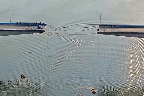 A view of a damaged portion of Vikramshila Setu over the Ganga river, in Bhagalpur, Bihar.