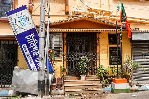 Former minister and TMC leader Aroop Biswas's office vandalised following the West Bengal Assembly elections result, at Tollygunge, in Kolkata.