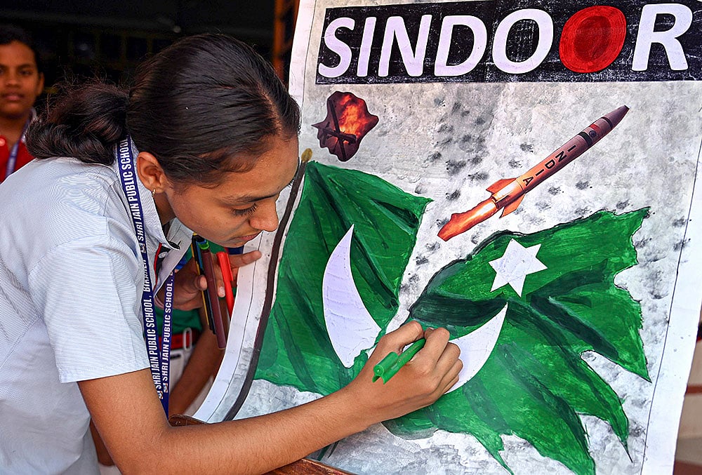 School student paints poster on Operation Sindoor in Bikaner