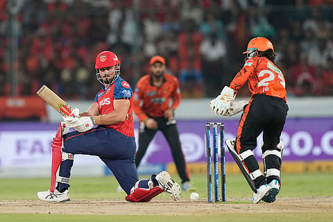Punjab Kings' Marcus Stoinis plays a shot during the Indian Premier League cricket match between Sunrisers Hyderabad and Punjab Kings in Hyderabad, India.