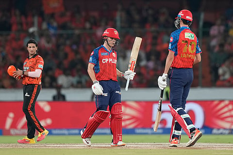 Punjab Kings' Cooper Connolly celebrates his fifty runs during the Indian Premier League cricket match between Sunrisers Hyderabad and Punjab Kings in Hyderabad, India.