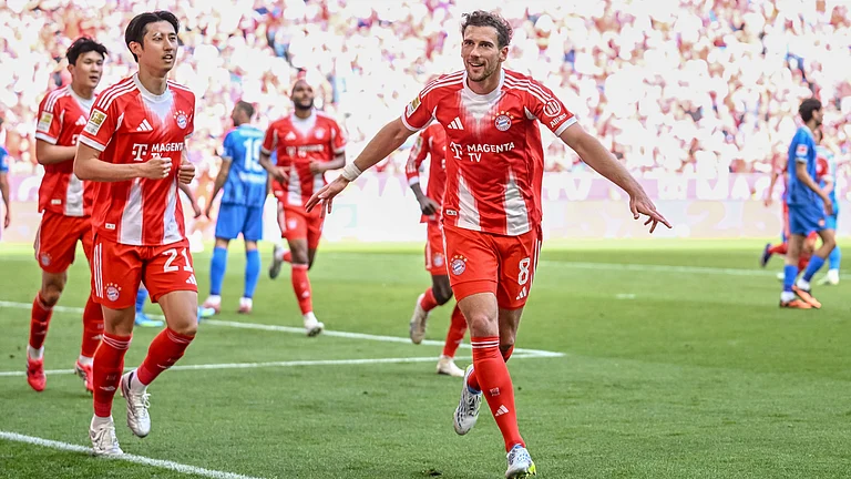 Bayern's Leon Goretzka celebrates scoring their side's second goal of the game during a German Bundesliga soccer match between Bayern Munich and 1. FC Heidenheim in Munich, Germany, Saturday, May 2, 2026. - | Photo: AP/Harry Langer