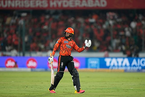 Sunrisers Hyderabad's Abhishek Sharma leaves the ground after losing his wicket during the Indian Premier League cricket match between Sunrisers Hyderabad and Punjab Kings in Hyderabad, India.