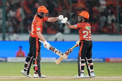 Sunrisers Hyderabad's Heinrich Klaasen and Ishan Kishan after scoring runs during the Indian Premier League cricket match between Sunrisers Hyderabad and Punjab Kings in Hyderabad, India.