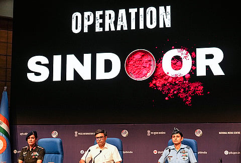 Foreign Secretary Vikram Misri with Army's Col Sofiya Qureshi and IAF Wing Commander Vyomika Singh during a press conference regarding 'Operation Sindoor', in New Delhi, Wednesday, May 7, 2025. Indian armed forces carried out missile strikes on terror targets in Pakistan and PoK under 'Operation Sindoor', in retaliation for the Pahalgam terror attack. 