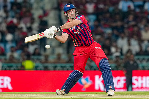 Lucknow Super Giants' Mitchell Marsh plays a shot during the Indian Premier League (IPL) 2026 T20 cricket match between Lucknow Super Giants and Royal Challengers Bengaluru, in Lucknow, Uttar Pradesh.