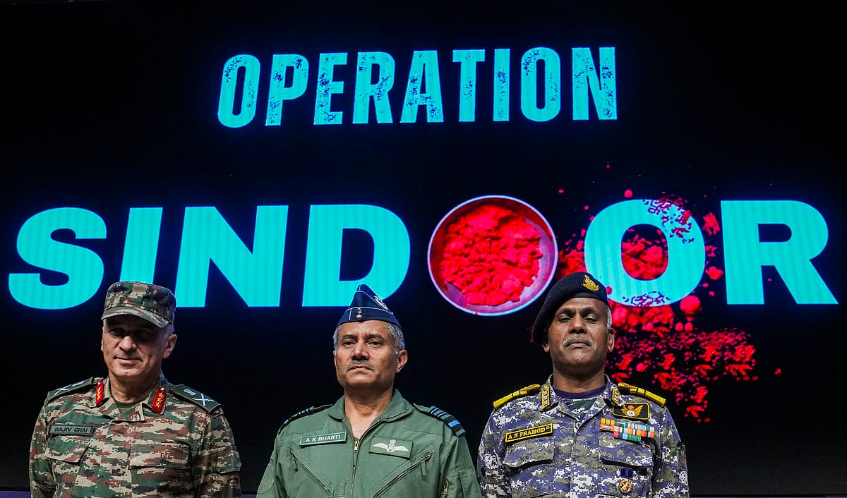 Director General of Military Operations (DGMO) Lt General Rajiv Ghai with Air Marshal AK Bharti and Vice Admiral AN Pramod during a press conference on 'Operation Sindoor', in New Delhi. - PTI