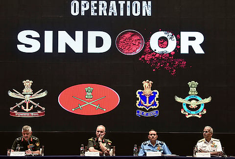 Former Director General of Military Operations (DGMO) Lt Gen Rajiv Ghai, second left, Deputy Chief of Integrated Defence Staff Lt Gen Zubin A Minwalla, left, Air Marshal Awadhesh Kumar Bharati, second right, and Vice Admiral AN Pramod during a joint commanders' conference commemorating the first anniversary of Operation Sindoor, in Jaipur, Rajasthan.