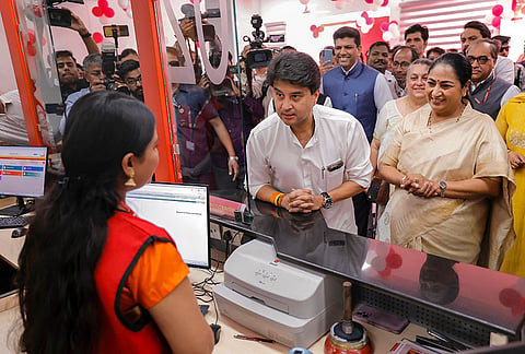 Union Minister Jyotiraditya Scindia along with Delhi Chief Minister Rekha Gupta during the inauguration of the renovated Nehru Place Post Office equipped with modern facilities, in New Delhi. 