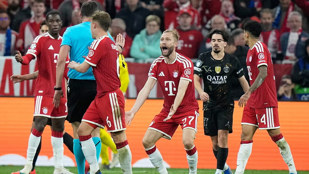 Bayern's Konrad Laimer gestures during the Champions League semifinal second leg soccer match between Bayern Munich and Paris Saint Germain in Munich, Germany, Wednesday, May 6, 2026.  - | Photo: AP/Matthias Schrader
