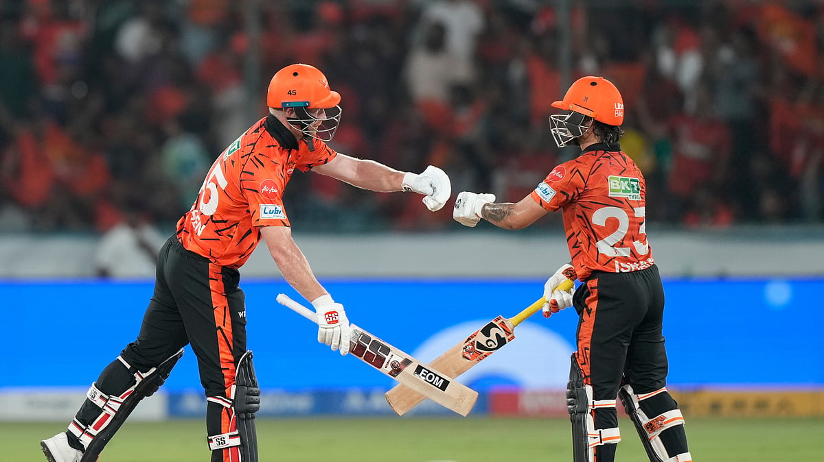 Sunrisers Hyderabad's Heinrich Klaasen and Ishan Kishan after scoring runs during the Indian Premier League cricket match between Sunrisers Hyderabad and Punjab Kings in Hyderabad, India, Wednesday, May 6, 2026. - (AP Photo/Mahesh Kumar A.)