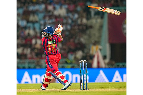 Lucknow Super Giants' captain Rishabh Pant loses grip of his bat while playing a shot during the Indian Premier League (IPL) 2026 T20 cricket match between Lucknow Super Giants and Royal Challengers Bengaluru, in Lucknow, Uttar Pradesh.