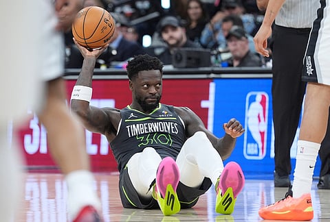 Minnesota Timberwolves forward Julius Randle (30) reacts after he was fouled during the second half in Game 2 of a second-round NBA playoffs basketball series against the San Antonio Spurs in San Antonio.