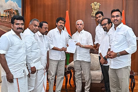 Tamil Nadu Governor Rajendra Arlekar with Tamilaga Vettri Kazhagam (TVK) chief Vijay during a meeting, at Lok Bhavan, in Chennai.