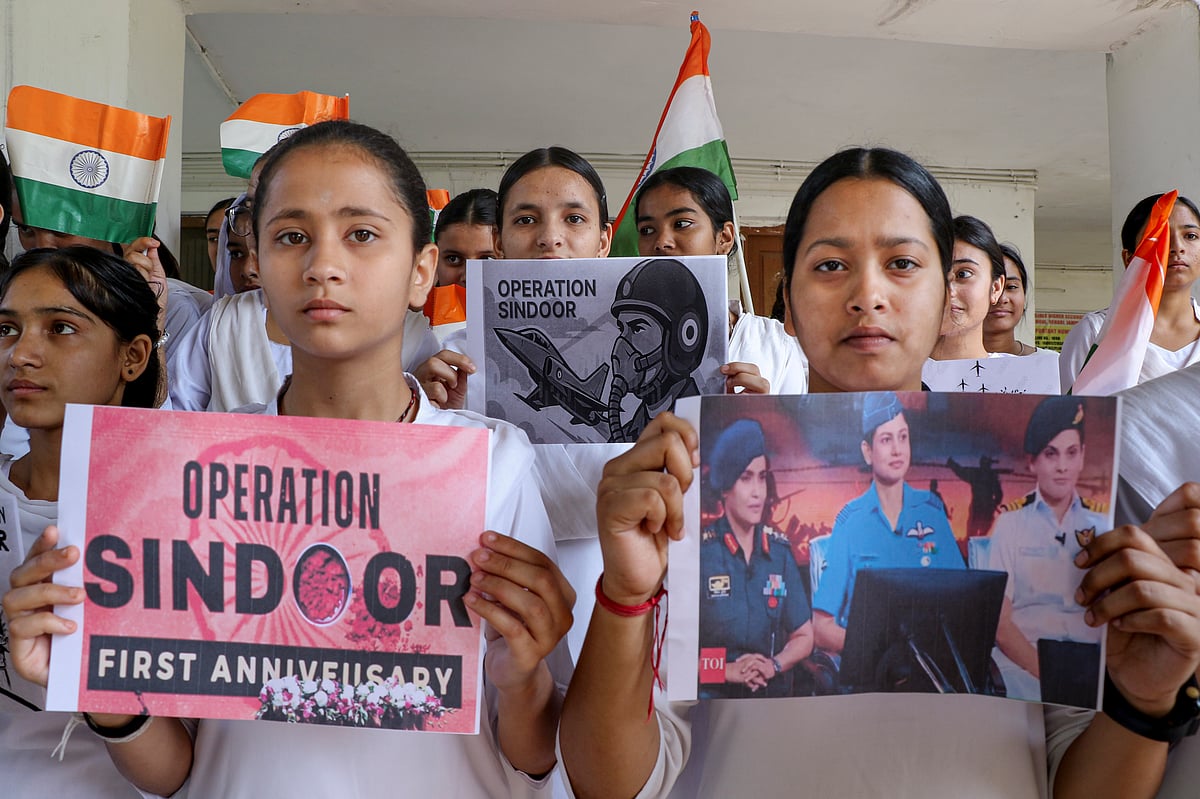 Operation Sindoor anniversary in Jammu: Students hold placards during a programme marking the first anniversary of 'Operation Sindoor', in Jammu, Thursday, May 7, 2026. - PTI Photo
