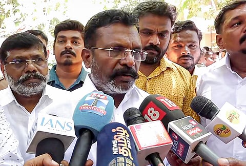 VCK leader Thol Thirumavalavan talks to the media, after his party received a request from TVK for support to form the Tamil Nadu government following the recent Assembly elections, in Chennai.