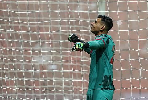 Luis Garcia goalkeeper of Mexico's Toluca celebrates after his teammate Paulinho scored against of the United States' Los Angeles FC during a CONCACAF Champions Cup second leg semifinal soccer match in Toluca, Mexico.