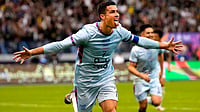 | Photo: AP/Hussein Malla : Al Nassr's Cristiano Ronaldo celebrates after scoring at the King Saud University Stadium, in Riyadh, Saudi Arabia, Jan. 19, 2023. 