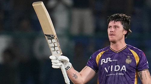 AP Photo/Manish Swarup : Kolkata Knight Riders Finn Allen celebrates his century during the Indian Premier League cricket match between Delhi Capitals and Kolkata Knight Riders in New Delhi, India, Friday, May 8, 2026.