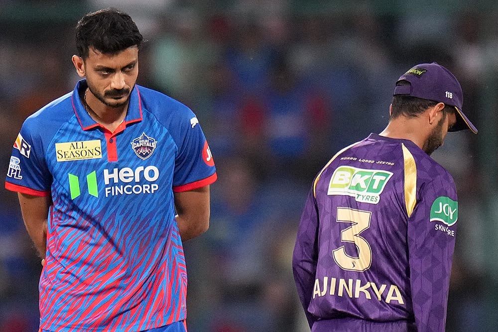 Delhi Capitals' captain Axar Patel, left, and Kolkata Knight Riders' captain Ajinkya Rahane during the toss before an Indian Premier League (IPL) 2026 T20 cricket match between Delhi Capitals and Kolkata Knight Riders, in New Delhi. - Photo: PTI/Kamal Kishore