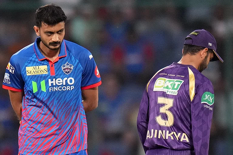 Delhi Capitals' captain Axar Patel, left, and Kolkata Knight Riders' captain Ajinkya Rahane during the toss before an Indian Premier League (IPL) 2026 T20 cricket match between Delhi Capitals and Kolkata Knight Riders, in New Delhi. - Photo: PTI/Kamal Kishore