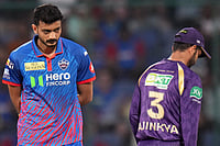 Photo: PTI/Kamal Kishore : Delhi Capitals' captain Axar Patel, left, and Kolkata Knight Riders' captain Ajinkya Rahane during the toss before an Indian Premier League (IPL) 2026 T20 cricket match between Delhi Capitals and Kolkata Knight Riders, in New Delhi.