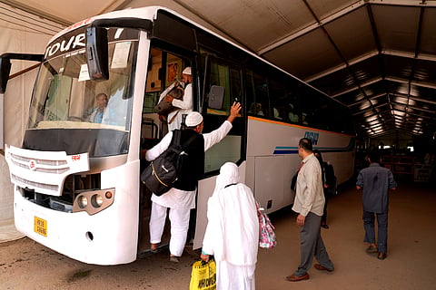 Haj pilgrims depart for Mecca, Saudi Arabia from Delhi's Haj Committee makeshift camops at Turkman Gate in Delhi. on May 06,2026 