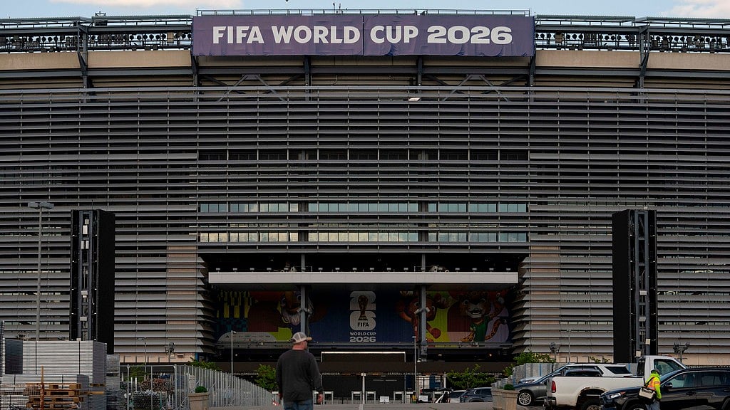 A sign reading "FIFA World Cup 2026" is displayed at the MetLife Stadium in East Rutherford, New Jersey. - AP