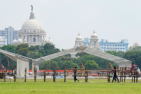 Preparations are underway at the Brigade Parade Ground ahead of the swearing-in ceremony of the new West Bengal government, in Kolkata, West Bengal.