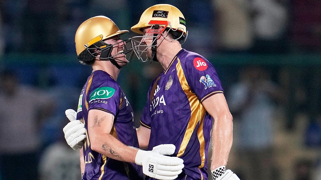 Kolkata Knight Riders' Finn Allen, left, is congratulated by teammate Cameron Green for completing his century during their Indian Premier League cricket match against Delhi Capitals in New Delhi, India, Friday, May 8, 2026.  - AP Photo/Manish Swarup