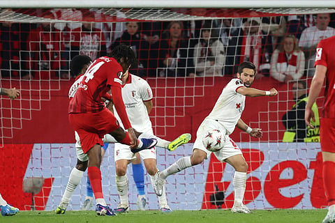 Freiburg's Johan Manzambi scores their second goal during the Europa League second leg semifinal soccer match between SC Freiburg and SC Braga in Freiburg, Germany.
