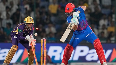 Tristan Stubbs is clean bowled by Anukul Roy during the Indian Premier League match between Delhi Capitals and Kolkata Knight Riders in New Delhi.