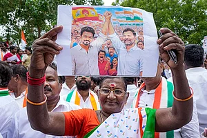 | Photo: PTI/R Senthilkumar : A Congress worker during a protest against the Governor over not inviting Tamilaga Vettri Kazhagam (TVK) chief Vijay to form the government, in Chennai.