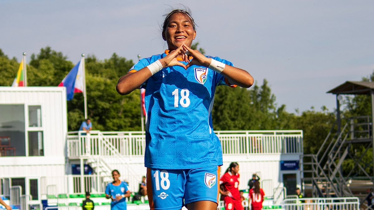 India's Alva Devi Senjam celebrates after scoring in the AFC U-17 Women's Asian Cup match against Lebanon on May 8, 2026. - | Photo: X/IndianFootball