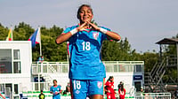 India 4-0 Lebanon Highlights, AFC U‑17 Women’s Asian Cup: Young Tigresses Win Big To Boost Qualification Hopes | Photo: X/IndianFootball : India's Alva Devi Senjam celebrates after scoring in the AFC U-17 Women's Asian Cup match against Lebanon on May 8, 2026.
