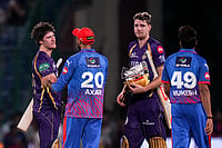 DC Vs KKR, IPL 2026: Finn Allen's Unbeaten Hundred Takes Knight Riders To Fourth Win In Row | Photo: PTI/Kamal Kishore : Kolkata Knight Riders' Finn Allen, left, and Cameron Green, second right, being congratulated by Delhi Capitals' captain Axar Patel, second left, and others after winning the Indian Premier League (IPL) 2026 T20 cricket match, in New Delhi,.