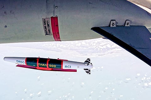 In this image posted on May 8, 2026, DRDO conducts the maiden flight-trial of the Tactical Advanced Range Augmentation (TARA) weapon system off the coast of Odisha. TARA is India's first indigenous glide weapon system designed to convert unguided warheads into precision-guided weapons. ()(PTI05_08_2026_000105B)
