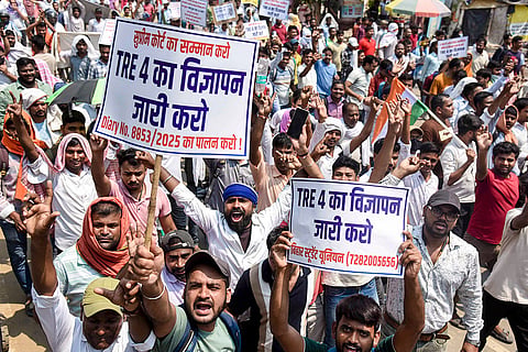 Aspirants of Teacher Recruitment Examination (TRE) 4.0 stage a protest demanding the release of the Bihar Public Service Commission (BPSC) examination notification, in Patna, Bihar.