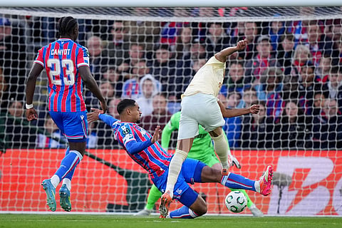 Shakhtar's Eguinaldo kicks the ball during the Conference League semifinal second leg soccer match between Crystal Palace and Shakhtar Donetsk, in London.