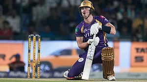 | Photo: AP/Manish Swarup : Kolkata Knight Riders' Finn Allen reacts after failing to play a shot during the Indian Premier League cricket match between Delhi Capitals and Kolkata Knight Riders in New Delhi.