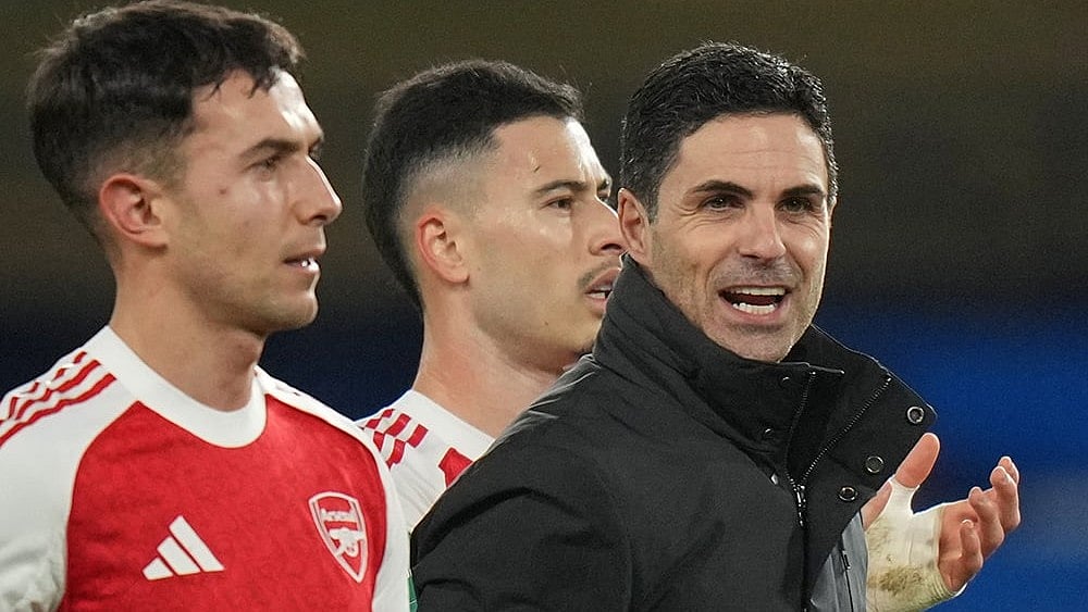 Arsenal's manager Mikel Arteta reacts after the English League Cup semifinal first leg soccer match between Chelsea and Arsenal in London.  - | Photo: AP/Alastair Grant